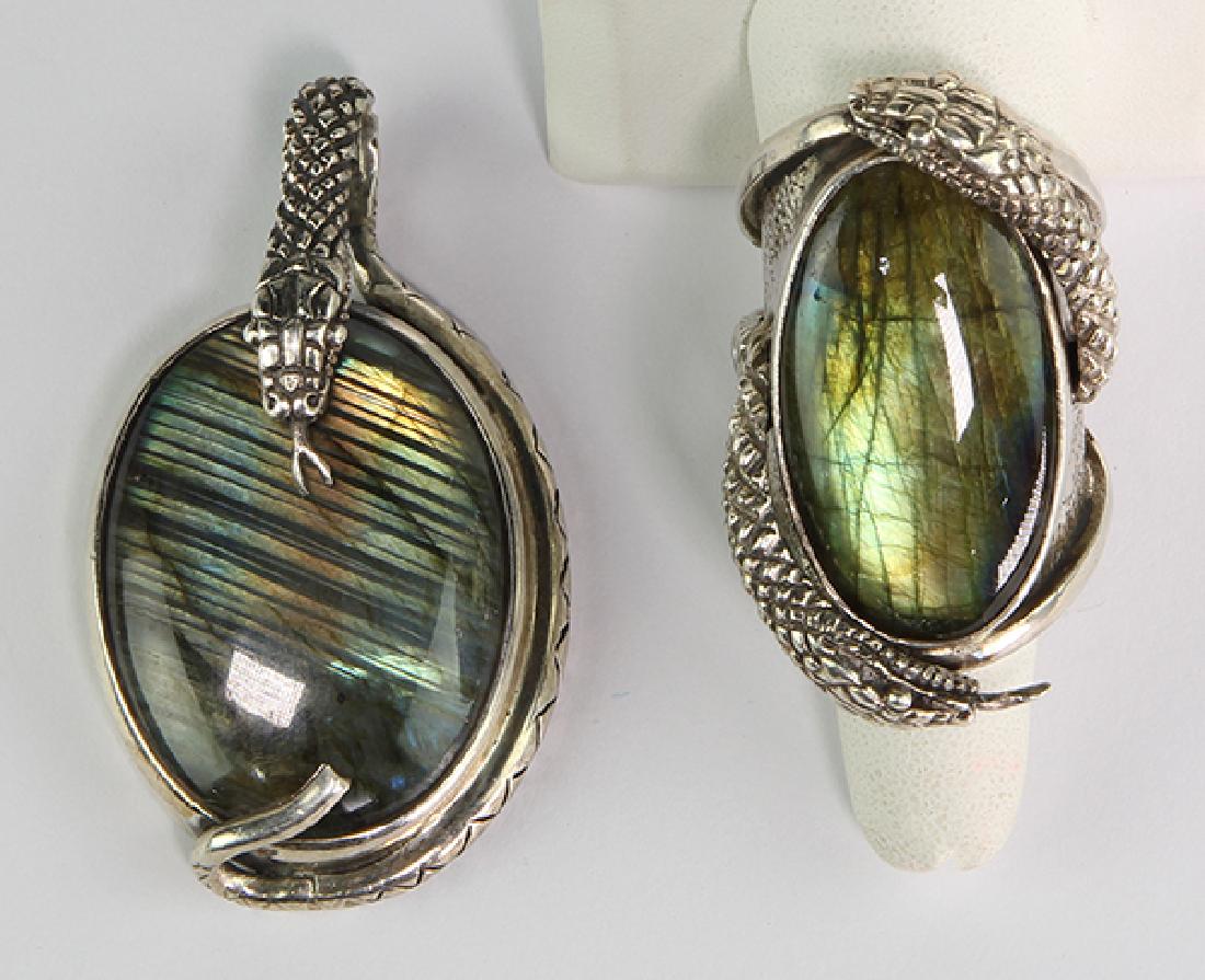 Mercuricus labradorite and sterling silver snake: Mercuricus labradorite and sterling silver snake jewelry suite comprised of one pendant, designed as a snake, coiled around a labradorite cabochon, measuring approximately 39 x 28 mm, set in a sterlin