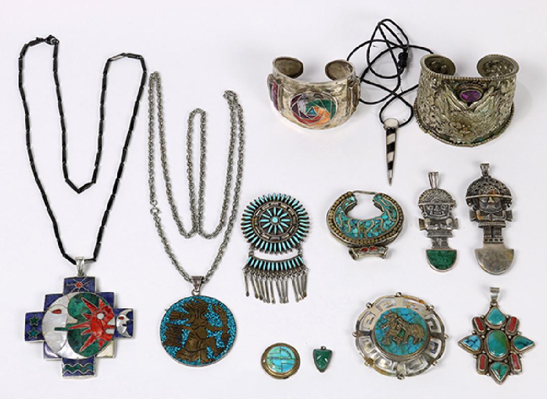 (Lot of 13) Multi-stone, sterling silver and metal: (Lot of 13) Multi-stone, sterling silver and metal jewelry comprised of (2) cuff bracelets: one is sterling silver, lavulite, spiny oyster, azurmalachite and inlaid shell (missing stones), the other i