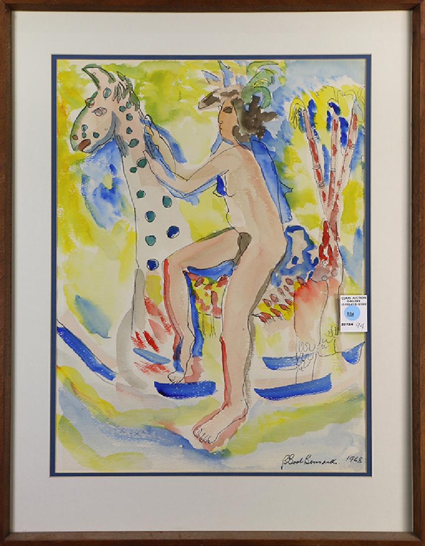 Watercolor, Beatrice Boots Bernardi: Beatrice Boots Bernardi (American, 1901 - 1991) Untitled (Nude and Rocking Horse), 1968, watercolor, signed and dated lower right, overall (with frame): 26"h x 20"w