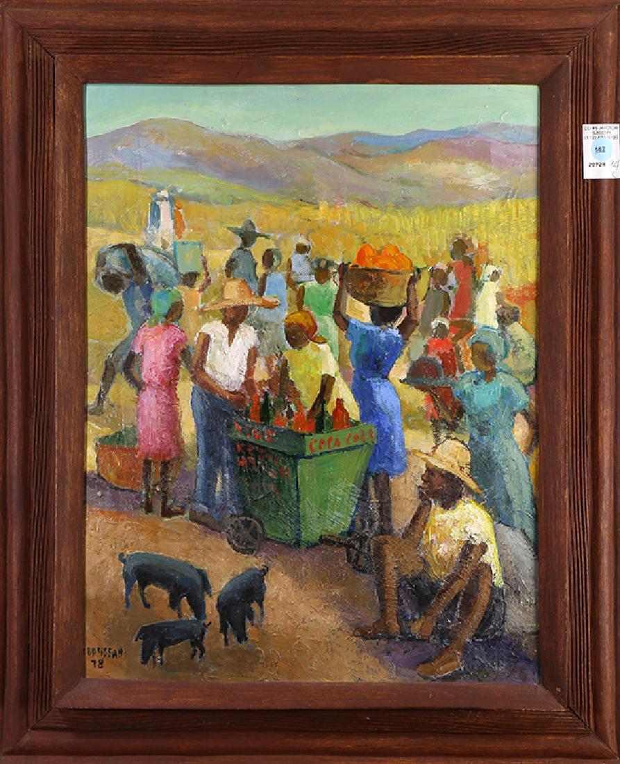 Painting, Village Scene with Figures: Caribbean Village Scene with Figures, oil on board, signed "T. Bausson" lower left, 20th century, overall (with frame): 25'h x 20.25"ww