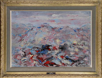 Painting, Mordechai Avniel: Mordechai Avniel (Israeli, 1900-1989), "Meron," oil on board, signed lower left with artist label at center of frame with title, overall (with frame): 26.25"h x 34.25"w