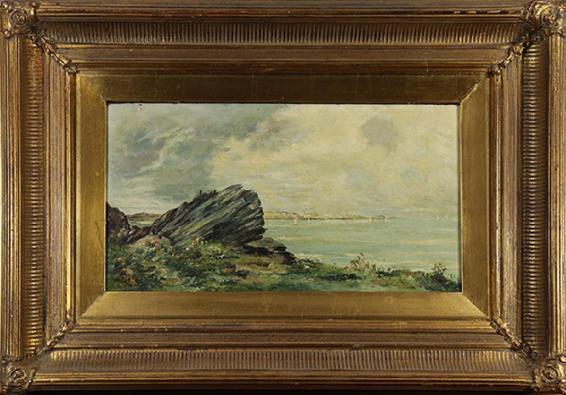 Painting, Coastal Scene with Distant Sailboats: American School (19th century), Coastal Scene with Distant Sailboats, oil on board, partial signature "TG...(?)" lower left, overall (with period frame): 16"h x 23.25"w
