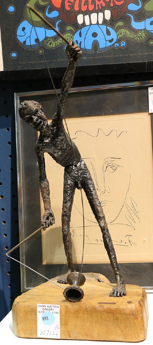 Sculpture, In the Manner of Germaine Richier: In the manner of Germaine Richier (French, 1902-1959), "Diabolo," bronze sculpture on wood base, titled lower right, initialed "C.L," overall (with base): 17"h x 8"w x 8"d. Property from the collectio