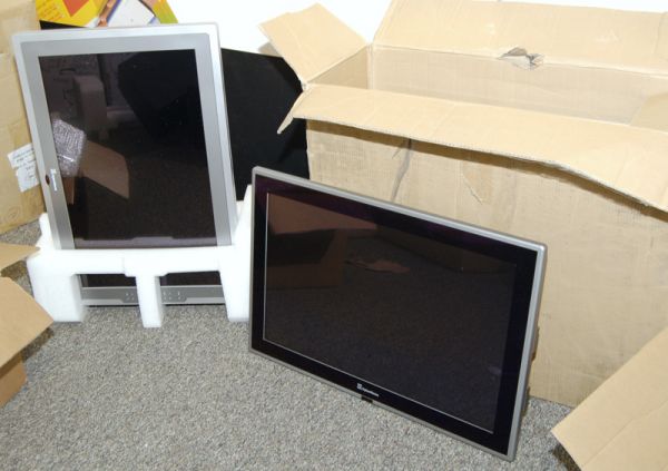 Cyberhome 30" LCD TV: Room lot including three boxes of Cyberhome 30" LCD televisions together with various office supplies, promotional items and a dry erase board BANKRUPTCY AUCTION: Must leave $300 deposit in order to b