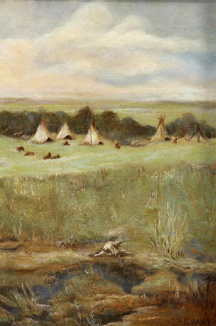 Painting, Joseph Henry Sharp: Joseph Henry Sharp (American, 1859-1953), Distant Indian Encampment, oil on canvas (laid down on board), signed lower right, board: 18.5"h x 14"w, overall (with frame): 20"h x 15.75"w