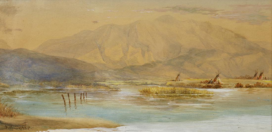 Watercolor, Joseph Henry Sharp: Joseph Henry Sharp (American, 1959-1953), Indian Encampment by a Mountain River, watercolor, signed lower left, sight: 8"h x 16"w, overall (with frame): 14.25"h x 22.25"w