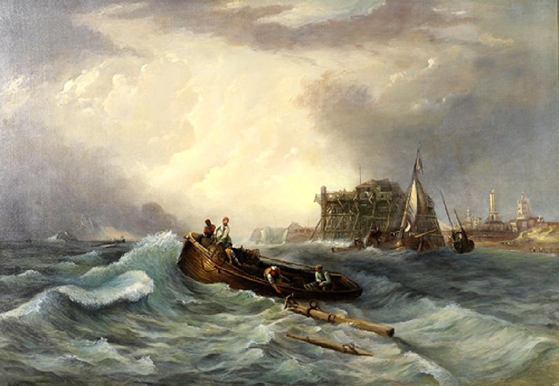 Painting, Lev Felixovich Lagorio: Lev Felixovich Lagorio (Russian, 1827-1905), Rough Seas with Figures in a Boat, oil on canvas, signed lower left, canvas: 28"h x 40"w, overall (with frame): 34"h x 45.5"w