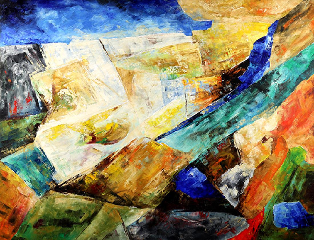 Painting, Ram Kumar: Ram Kumar (Indian, b. 1924), Untitled (Motving Landscape), 2004, oil on canvas, signed and dated verso, canvas (unframed); 36"h x 48" w. Note: Color copy of original accompanes this lot.