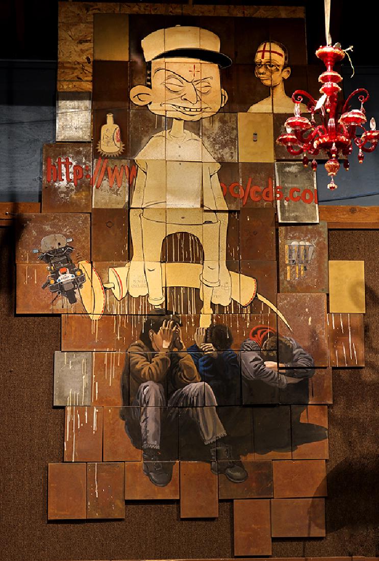 Installation, Barry McGee, Street Art: Barry McGee (American, b. 1966) and Sandow Birk (American, b. 1962), "La Migra," 1995, oil on 60 metal panels, painting installation, overall (approximately): 134"h x 102"w