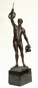 Sculpture, Hans Keck: Hans Keck (Austrian, 1875-1941), Victorious Soldier, bronze sculpture, signed lower back right, overall (with marble base): 22"h x 5.75"w x 4"d