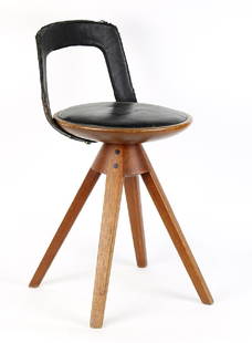 Tove and Edvard Kindt-Larsen stool: Tove and Edvard Kindt-Larsen stool, Thorald Madsen Snedkeri, Denmark, 1957, executed in teak, leather, brass, having a circular black leather seat, above a quadruped base, signed with applied brass ma