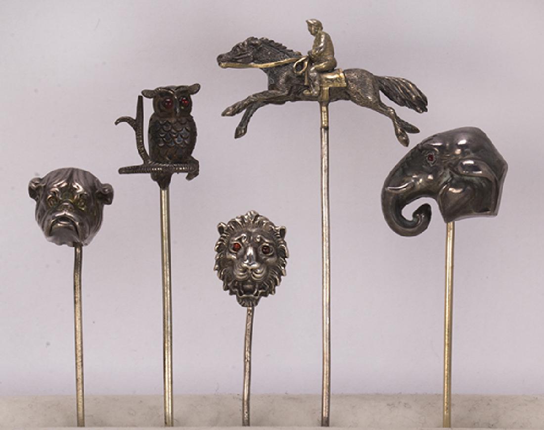 (Lot of 5) Multi-stone and silver animal stickpins (1 of 3)