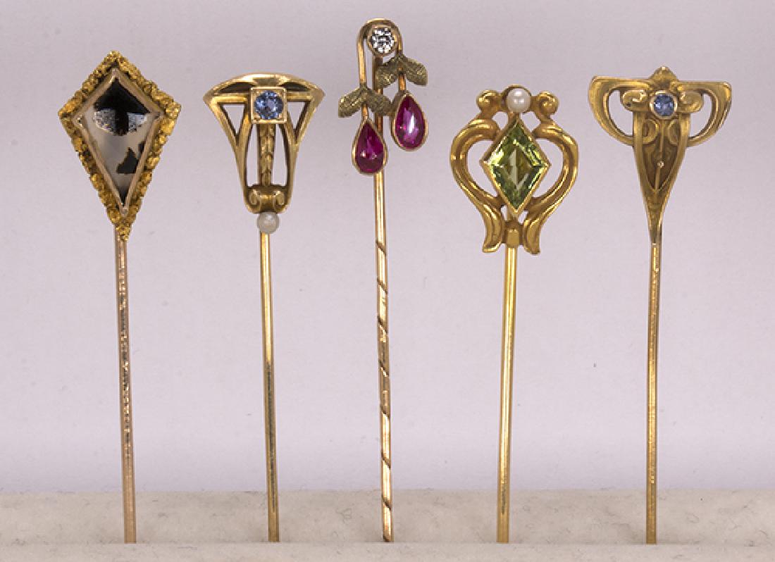 (Lot of 5) Multi-stone and yellow gold stickpins (1 of 3)