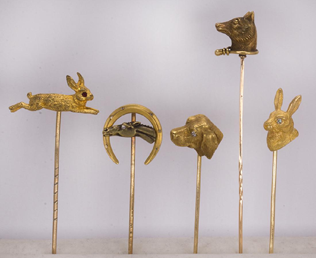 (Lot of 5) Diamond, yellow gold and metal animal: (Lot of 5) Diamond, yellow gold and metal animal stickpins comprised of one rose-cut diamond hare head and 18k yellow gold stickpin; one old mine-cut diamond eye dog head, 14k yellow gold stickpin; on