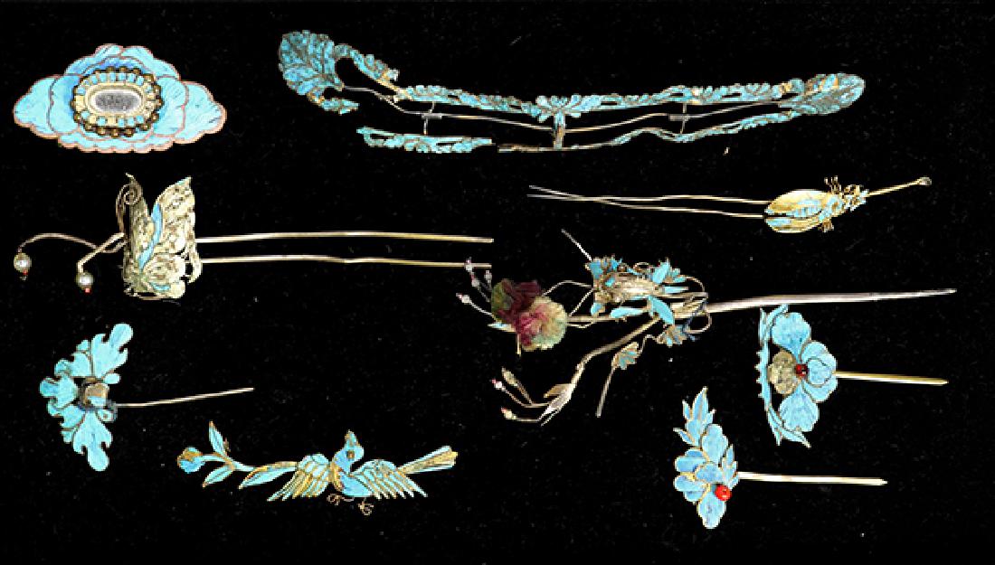 Chinese Kingfisher Feather Hairpins: (Lot of 9) Chinese kingfisher feather hairpins, including a beetle, butterflies, bird, gold fish, and flowers largest: 8"w