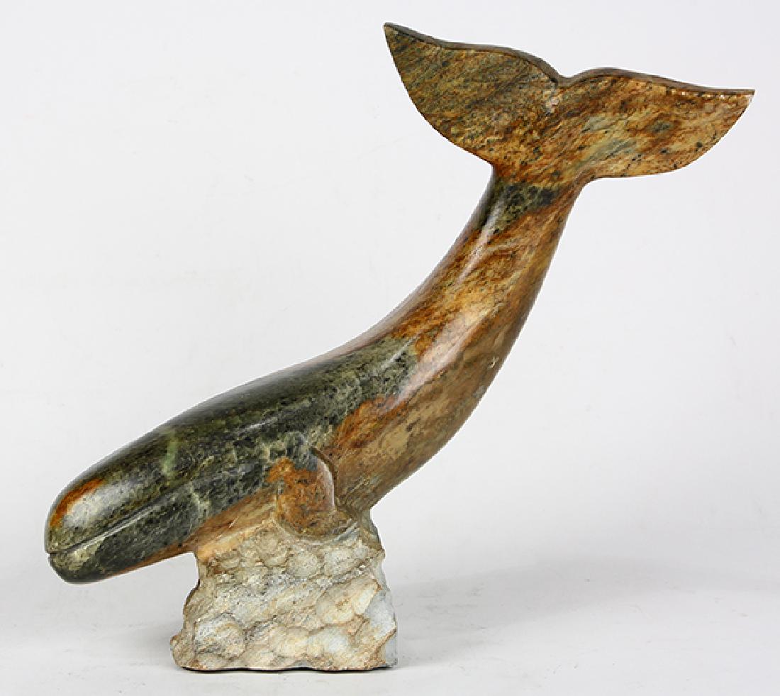 Miles Metzger (California 20th century) carved: Miles Metzger (California 20th century) carved soapstone whale sculpture, modeled as a diving whale, 12"h x 14"w x 4.5"d