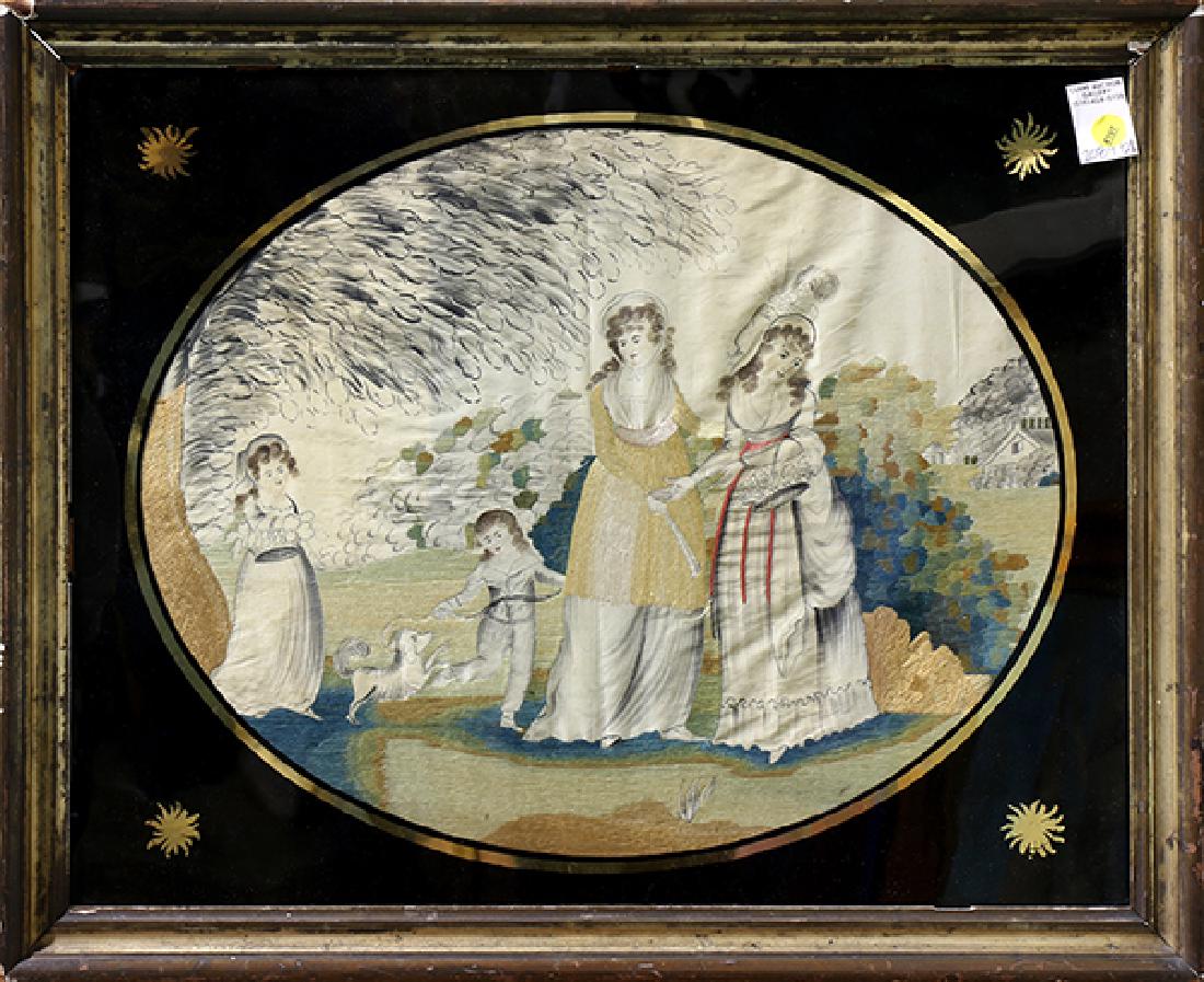 Framed 19th Century Pennsylvania Dutch silk and gouache: Framed 19th Century Pennsylvania Dutch silk and gouache embroidery, depicting maidens against a landscape, possibly after the Lititz, Pennsylvania Moravian school silk, frame: 21"h x 26.5" w,