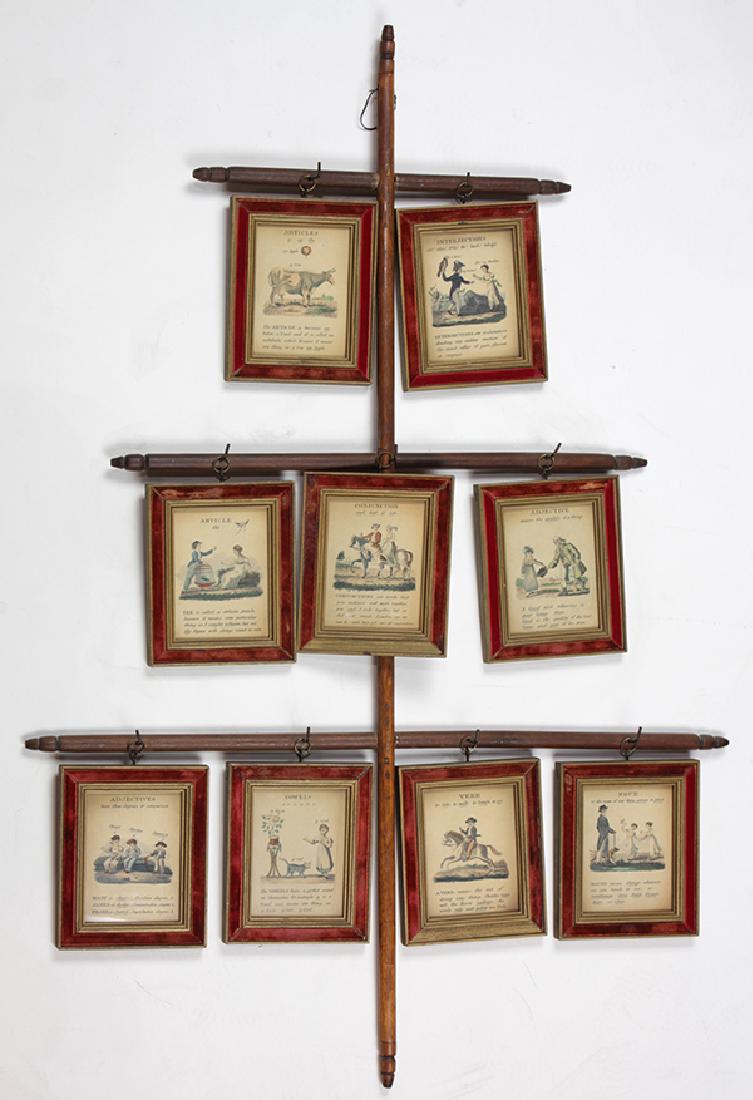 Pennsylvania Dutch educational mobile c: Pennsylvania Dutch educational mobile c. 1900, consisting of (9) frames each depicting grammar rules, suspended on (3) cross bars, 30.5"h x 20.5