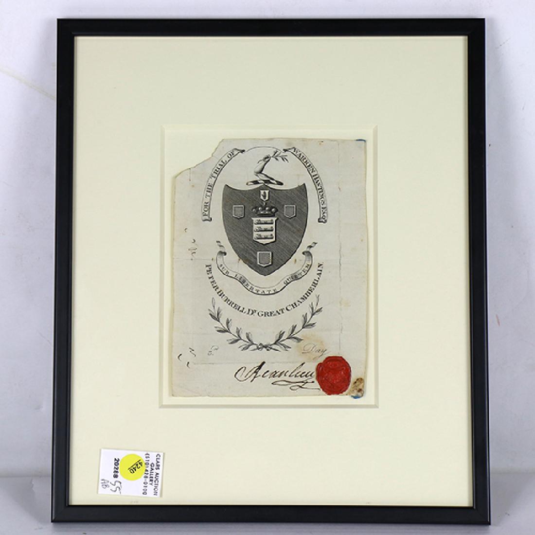 Engraved ticket for the impeachment trial of Warren: Engraved ticket for the impeachment trial of Warren Hastings (1732-1818), 1785-1795, reading "For the Trial of Warren Hastings Esq. Peter Burrel Dy. Great Chamberlian", signed "Reaulieu" with red wax