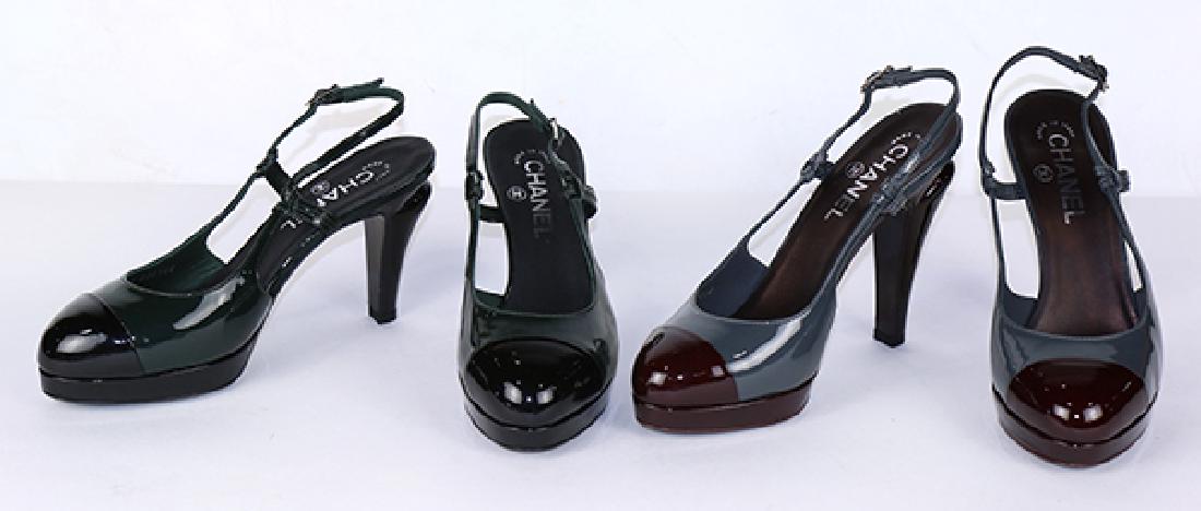 Two pair of patent leather sling back platform heels, (1 of 3)