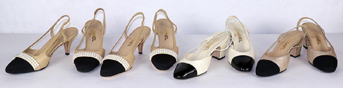 Four pairs of Chanel mid-heel slingback pumps, in nude: (lot of 8) Four pairs of Chanel mid-heel slingback pumps, in nude and white leather with black toe caps, some having pearl accents, size 37, 37.5 37.5C