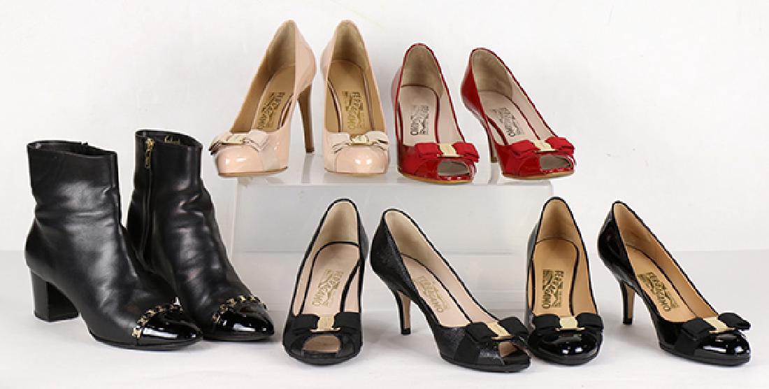 Five pairs of Salvatore Ferragamo patent leather heels,: (lot of 10) Five pairs of Salvatore Ferragamo patent leather heels, consisting of a pair of ankle boots, size 7.5B; open toe heels in black, size 7B; open toe heels in red, size 7B; nude heels, size 7