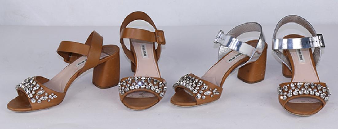 Two pairs of Miu Miu heeled sandals, each with ankle: (lot of 4) Two pairs of Miu Miu heeled sandals, each with ankle strap with buckle closure and jeweled accents, size 37.5