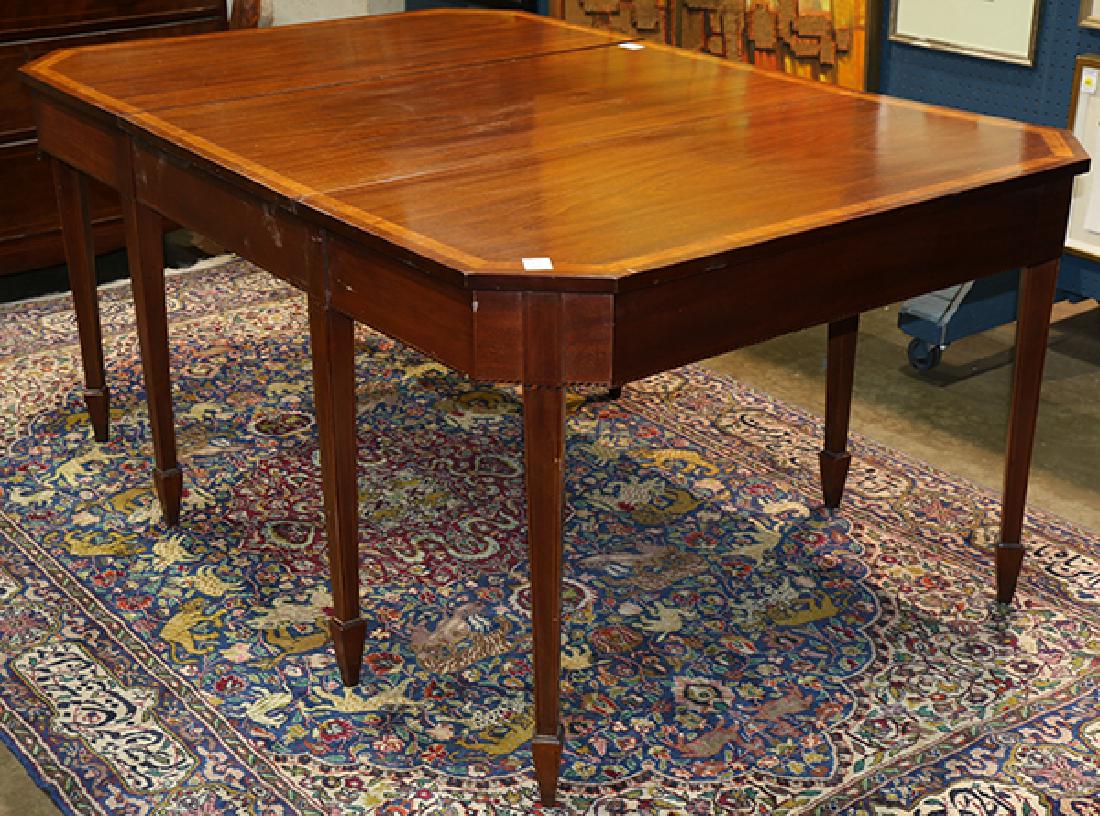 Hepplewhite style dining table: Hepplewhite style dining table, with banded inlaid border, having one leaf and rising on Marlborough feet, 30"h x 64.5"w x 44"d