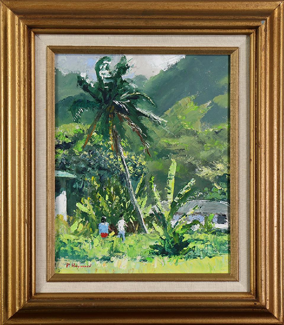 Painting, Peter Hayward: Peter Hayward (American, 1905-1993), Hawaiian Scene with Figures, oil on canvas, signed lower left, overall (with frame): 14.25"h x 12.25"w