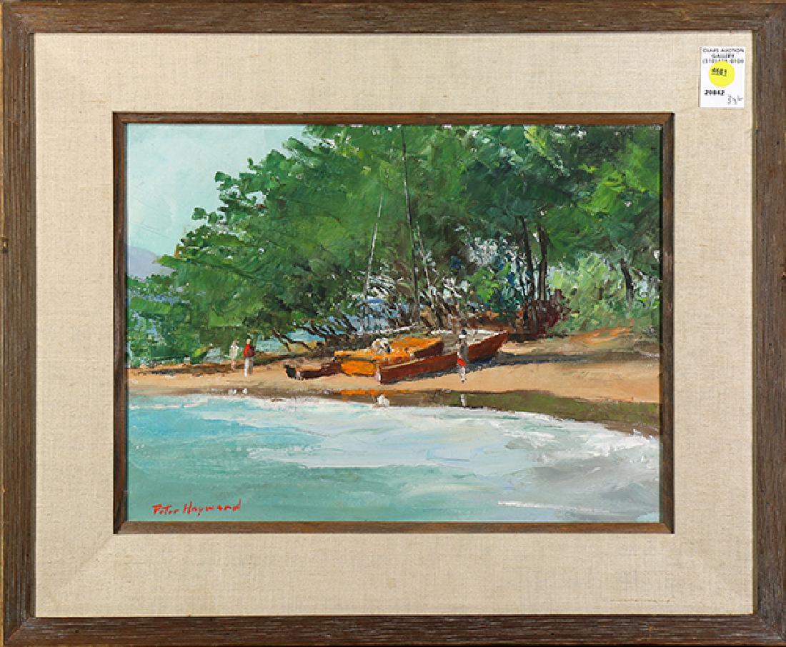 Painting, Peter Hayward: Peter Hayward (American, 1905-1993), Beached Hawaiian Fishing Boats, oil on canvas, signed lower left, overall (with frame): 19"h x 23"w