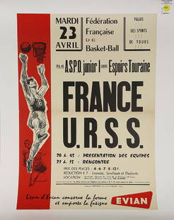 Vintage Poster, Paul Ordner: Paul Ordner (French, 1900-1969), "ASPO junior 1 contre Espoirs Touraine," circa 1962, vintage lithographic poster on linen, plate signed lower left, overall (with linen): 27"h x 20"w