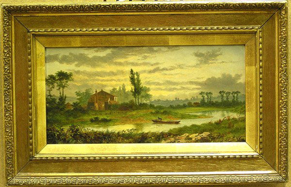 painting landscape European: Framed oil on artist board, River Landscape at Dusk, by Robert Gallon (British, 1845-1925), signed lower right, dated 1867 verso, sight: 7 1/2''H x 15 1/2''W.