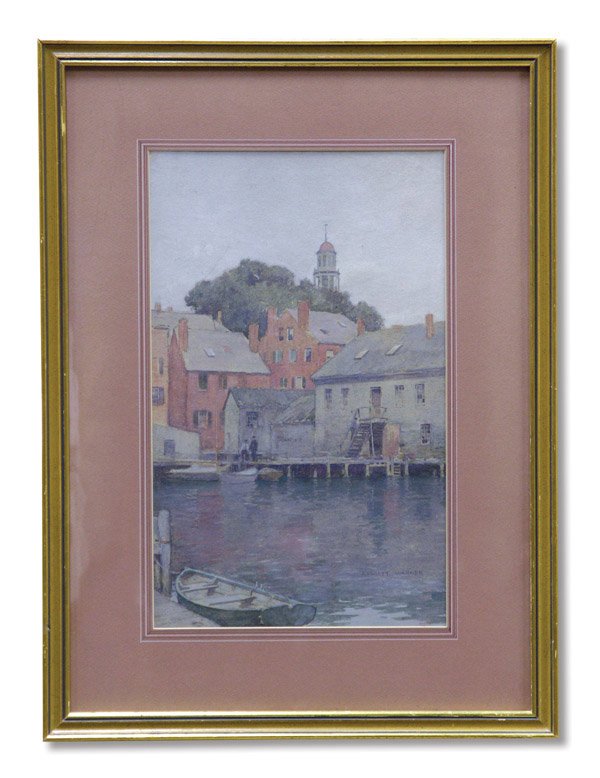 Painting Everett Warner American Tonal: Framed watercolor, Gloucester Harbor, Massachusetts, by Everett Longley Warner (American 1877-1963), signed lower right, sight: 7.5''H x 11''W. Provenance: Private collection, Redwood Shores, CA. Info