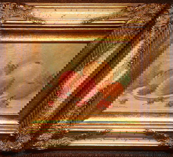 Oil, John Anthony Conner, Peaches: Framed oil on Masonite, Still Life with Peaches, by John Anthony Conner (Californian 1892-1971), signed lower left, image: 8"H x 10"W, framed: 16"H x 18"W x 1.5"D