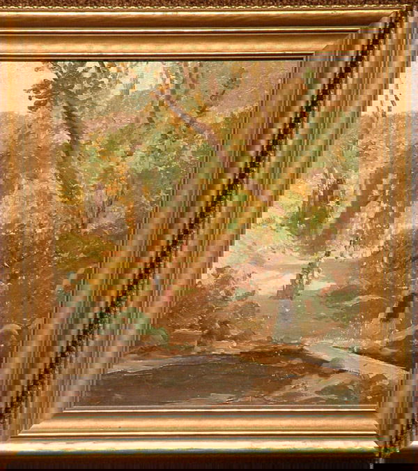 Oil sketch, William Keith, Californian: Framed oil on canvasboard, Figures on a Path, by William Keith (Californian 1838-1911). Provenance: Rose Sedgwick Keith, Los Gatos, Anna Ketcham Israel (first cousin of R.S.K), Clarence and Alida Mape