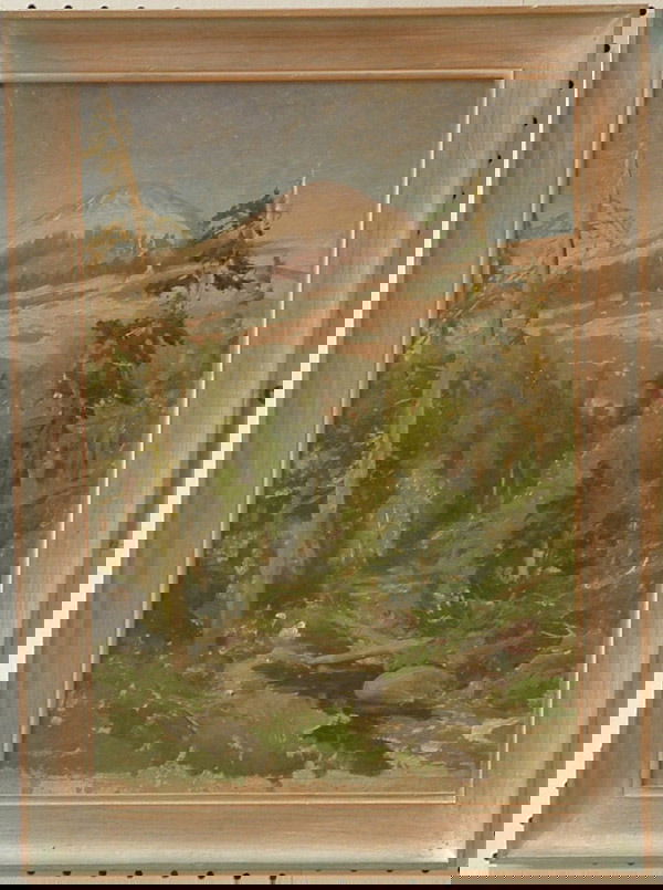 Oil sketch, Soda Springs, CA, William Keith: Framed oil on canvasboard, Summit-Soda Springs, Placer County (ca. 1889) by William Keith (California 1838-1911). Provenance: Rose Sedgwick Keith, Los Gatos, Anna Ketcham Israel, Stockton (first cousi