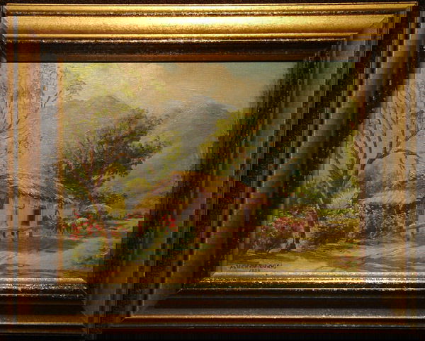 Oil, Alberto Lobos, American 20th: Framed oil on canvasboard, Countryside Cottage on a Warm Spring Day (1939), by Alberto Lobos (American 20th century), signed lower left, image: 11.5"H x 15.25"W, framed: 16"H x 20"W x 2"D