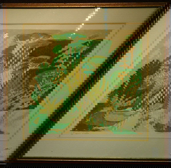 Millard Owen Sheets, Tahitian, lithograph: Framed lithograph, Tahitian Landscape, by Millard Owen Sheets (Californian 1904-1990), signed lower right, artist proof #44/50, plate: 19.75"H x 21.25"W, framed: 30.5"H x 31.5"W x 2.25"D