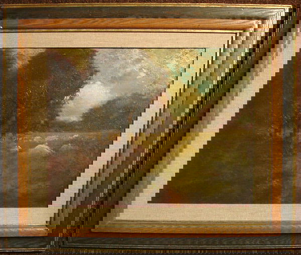 William Keith, oil, Californian: Framed oil on board, Haystacks, by William Keith (Californian 1838-1911), signed lower left, image: 13.5"H x 17.5"W, framed: 21"H x 25"W x 1"D. Provenance: Rose Sedgwick Keith, Los Altos; Anna Ketcham