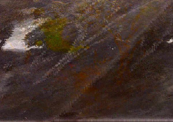 William Keith, oil, landscape: Framed oil on canvas, Riders Through an Oak Grove (1904), by William Keith (Californian 1838-1911), signed and dated lower left, image: 22"H x 30"W, framed: 29"H x 37"W x 2.5"D