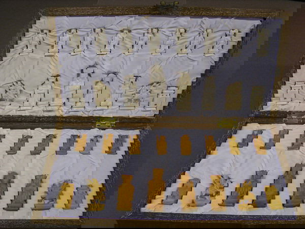 Carved ivory chess set: Carved ivory chess set, height of kings 2.5"