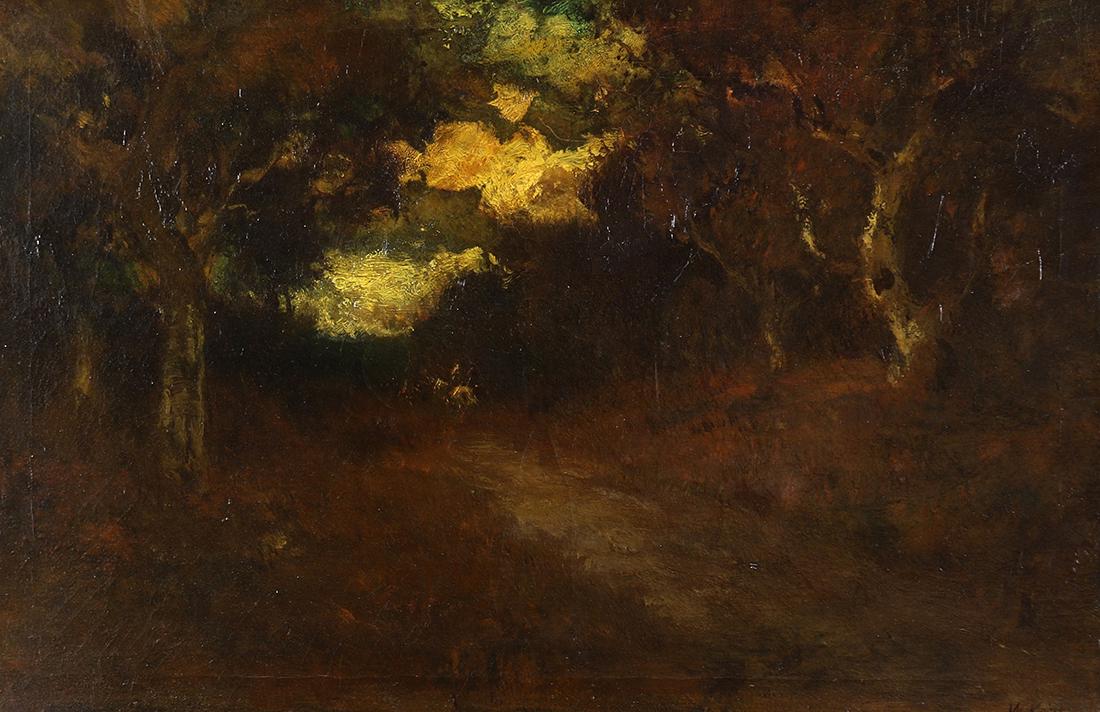 Painting, William Keith: William Keith (American, 1838-1911), Path Through the Oaks, oil on canvas, signed lower right, canvas: 20"h x 30"w, overall (with frame): 34"h x 4"w
