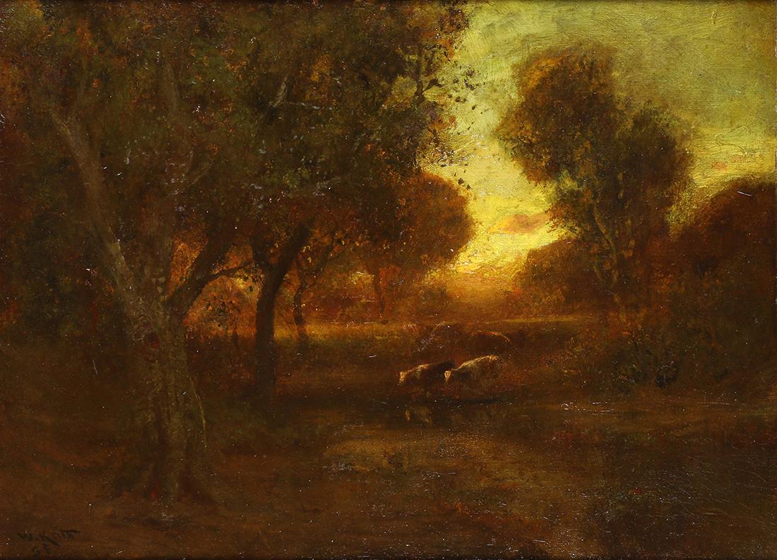 Painting, William Keith: William Keith (American, 1838-1911), Cattle Watering at Sunset, oil on canvas, signed lower left, canvas: 18"h x 24"w, overall (with frame): 24.5"h x 30.75"w