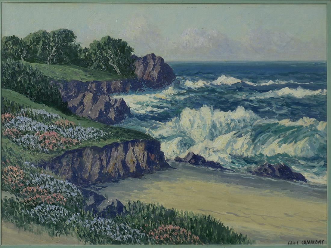 Painting, Carl Sammons: Carl Sammons (American, 1883-1968), "Carmel, California," oil on board, signed lower right, sight: 12"h x 23.5"w, overall (with frame): 20"h x 23.5"'w. Note: Gumps label verso
