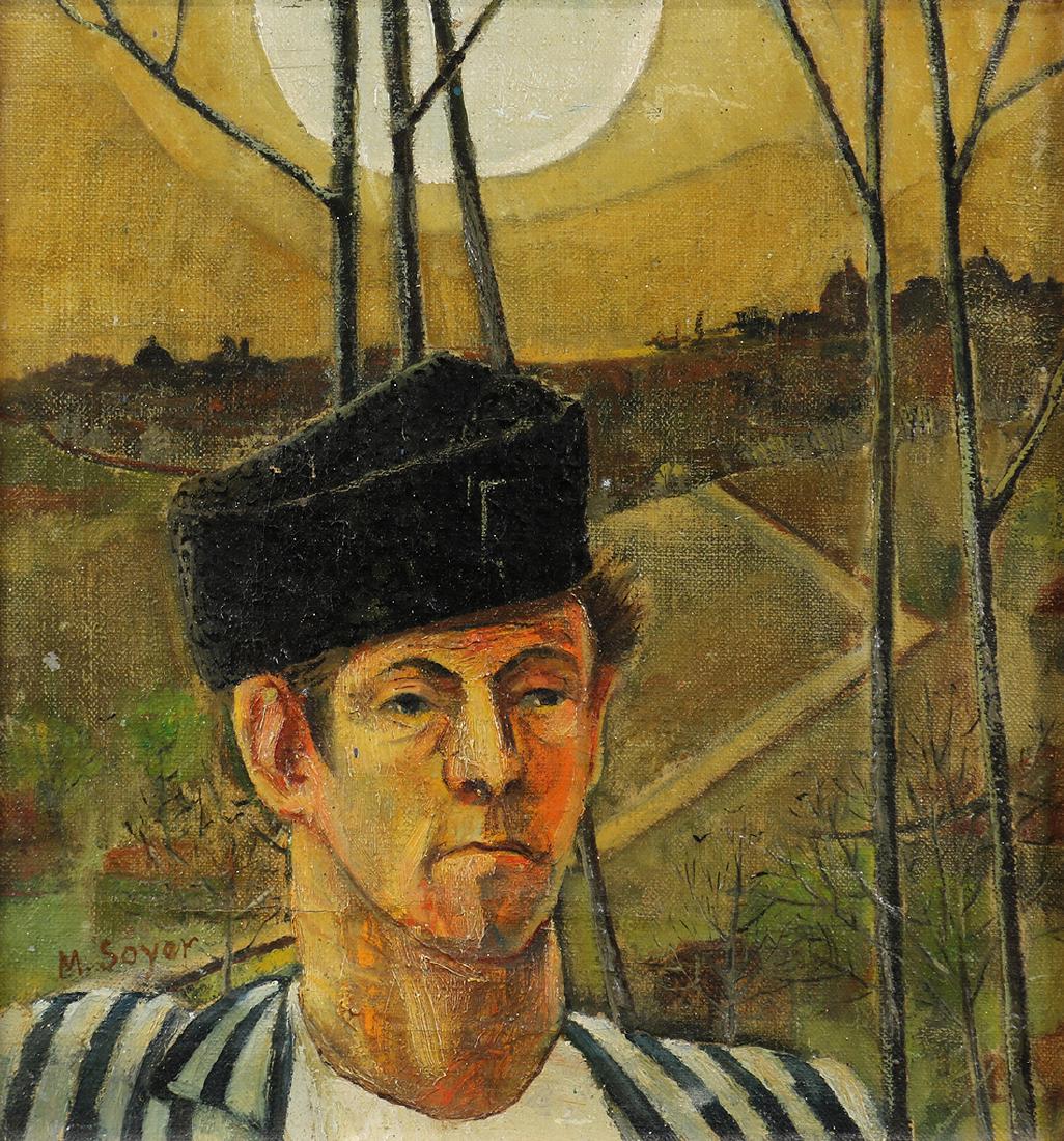 Moses Soyer (American 1899-1974), Portriat of a man: Moses Soyer (American 1899-1974), Portriat of a man with distant village and sun, oil on canvas, signed lower left, canvas: 17.25"h x 16"w