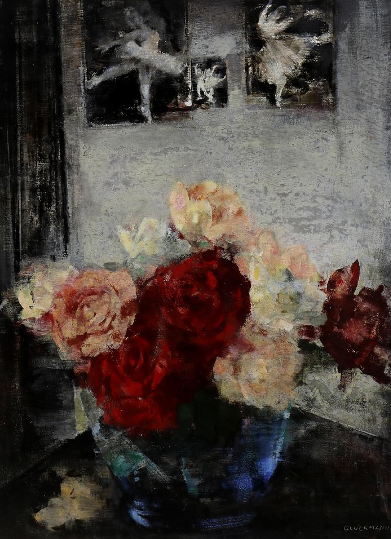 Painting, Grigory Gluckmann: Grigory Gluckmann (American/Russian, 1898-1973), "Roses for a Dancer," oil on board, signed lower right, gallery label (Dalzell Hatfield Galleries, Los Angeles, CA) affixed verso, board: 22.5"h x 16.2