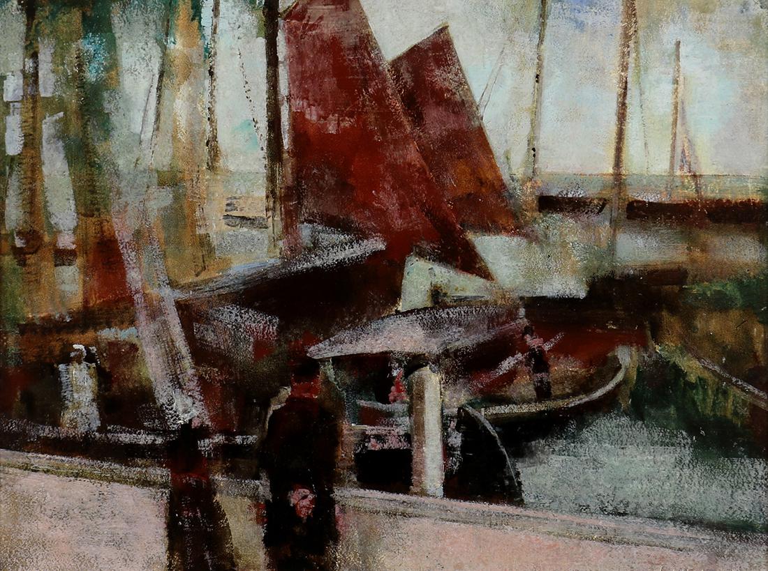Painting, Grigory Gluckmann: Grigory Gluckmann (American/Russian, 1898-1973), "Red Sails," circa 1972, oil on panel, signed lower right, gallery label (Dalzell Hatfield Galleries, Los Angeles, CA), exhibition label (Palm Springs