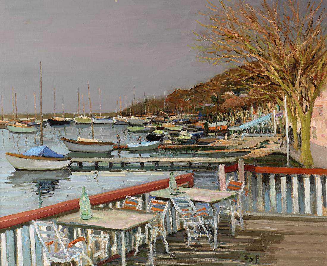 Painting, Marcel Dyf: Marcel Dyf (French, 1899-1985), "Le Cafe de Golfe", oil on canvas, signed lower right, title label affixed verso, registered no: 39453, canvas: 28.75"h x 23.65"w, overall (with frame): 32"h x 37.5"w.