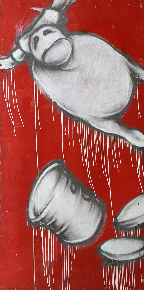 Painting, Barry McGee: Barry McGee (American, 1966), Untitled (Bull), 1992, mixed media on wood panel, from the mural at Yerba Buena Center for the Arts, overall: 8ft x 4ft. Note: Accompanied by copy of letter from Charles