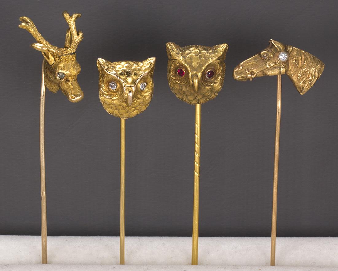(Lot of 4) Multi-stone and yellow gold stickpins (1 of 2)